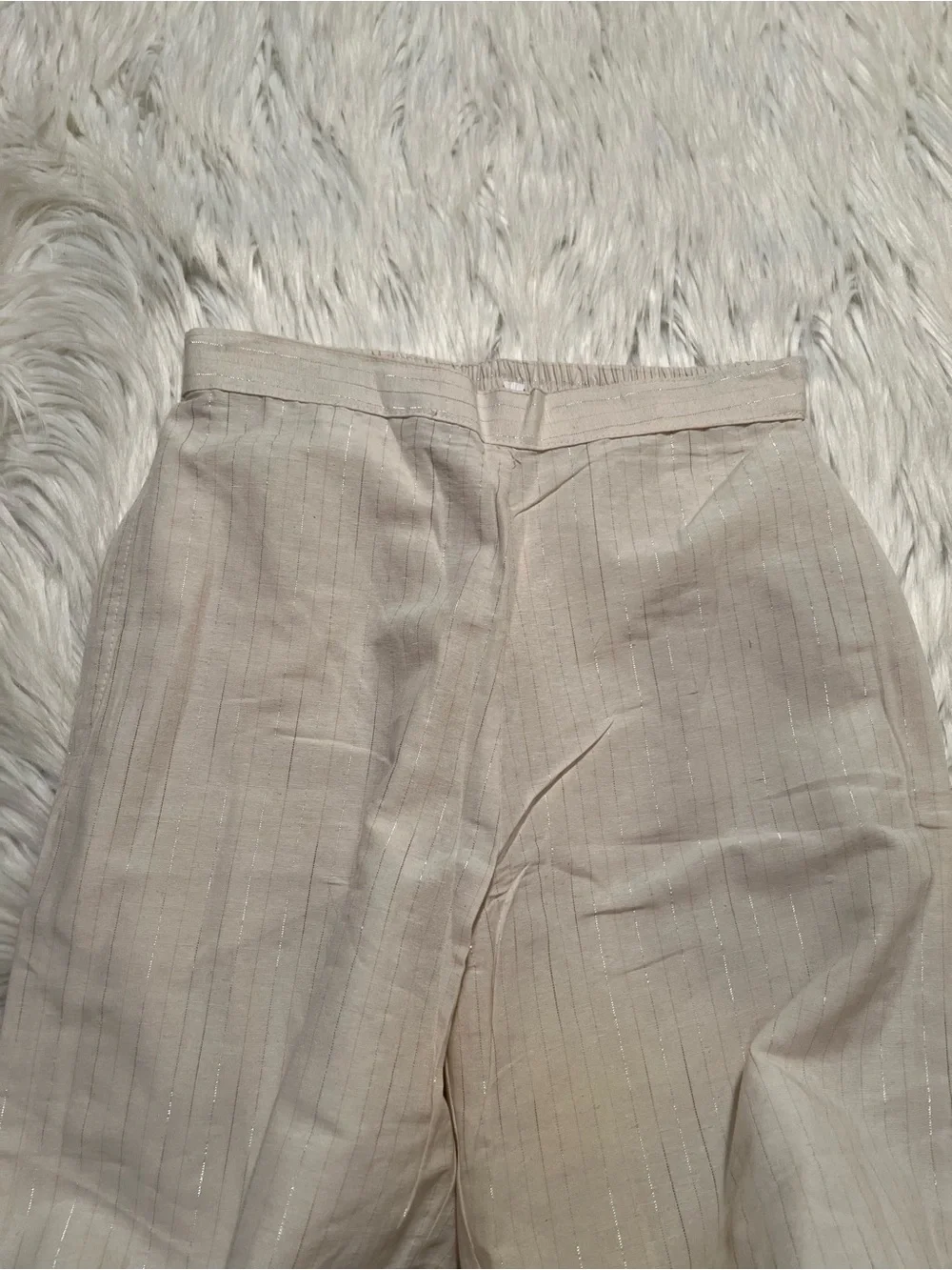 Women's Size 34 Pull On Pant Cream Metallic Silver Pinstripe Linen Semi-Sheer